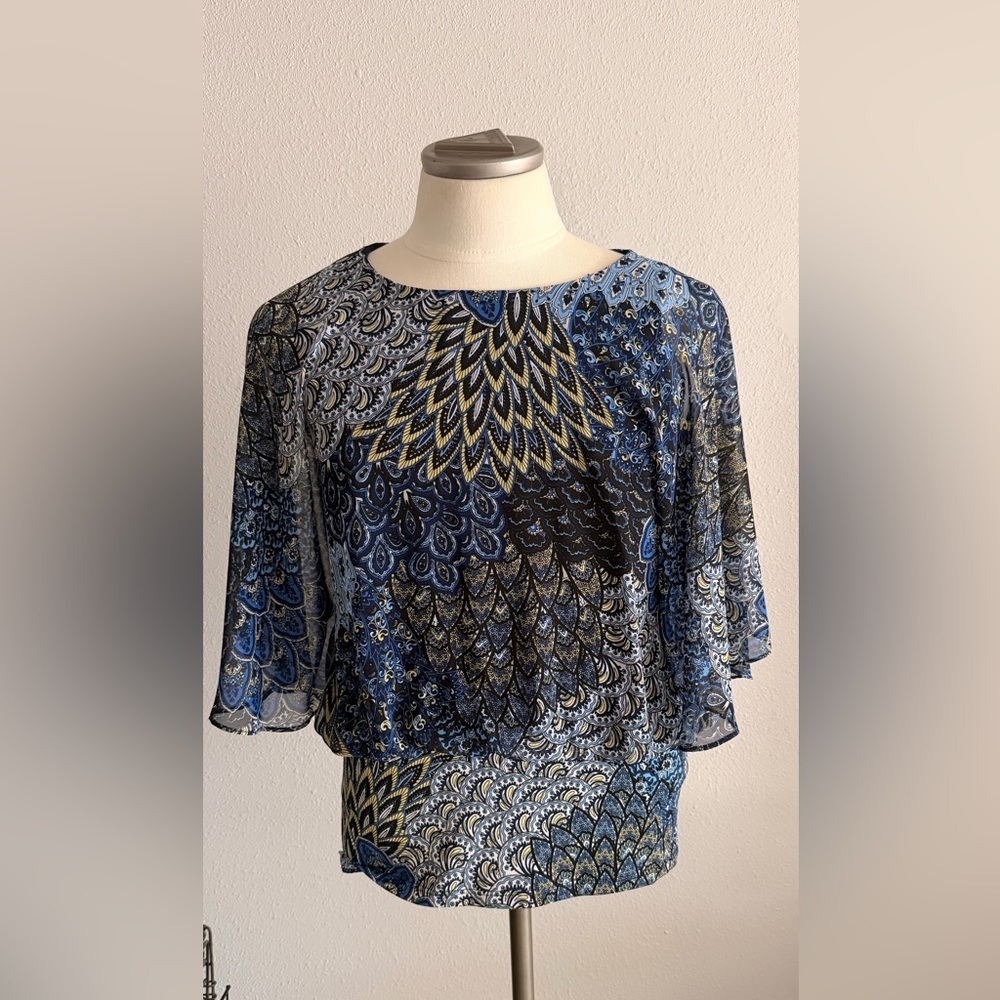 Coco Bianco Blue and Yellow Feather Print Blouse Small
